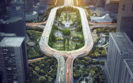 Aerial render view of a green urban park surrounded by a pill-shaped highway rotary, set amidst high-rise buildings in the Guomao district of Beijing. 