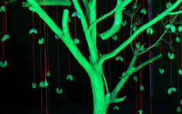 Close-up of an art installation featuring bright green tree branches with green fortune cookies hanging from red threads. 